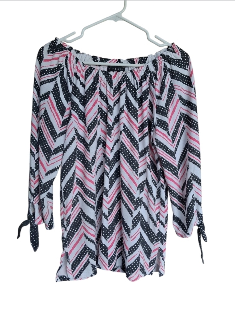 N-Touch Off-Shoulder Chevron Blouse in Pink, Black & White
